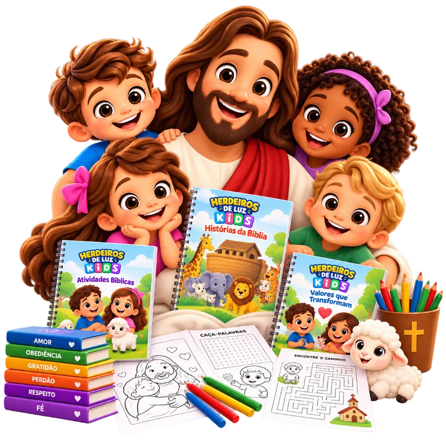Kit Herdeiros de Luz Kids: Jesus com crianças, livros e atividades impressas